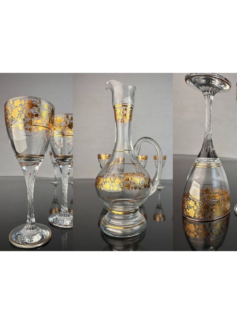 general Luxury Bohemian Crystal Decanter & Glasses Set 7 Pieces Gold Decor - Image 3